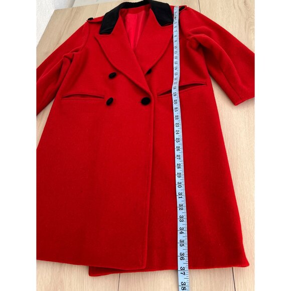 Vintage 80s Women's Red Wool Pea Coat Black Velvet Collar with Epaulets Size 12 - Picture 12 of 16